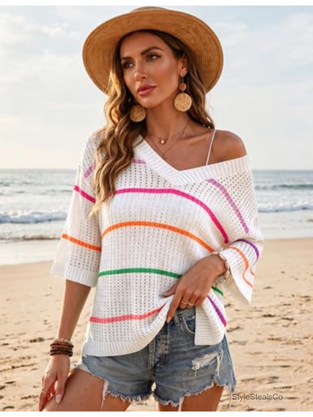 Viscose Crochet V Neck 3/4 Sleeve Knitted Pullover Sweater - Picture 5 of 5